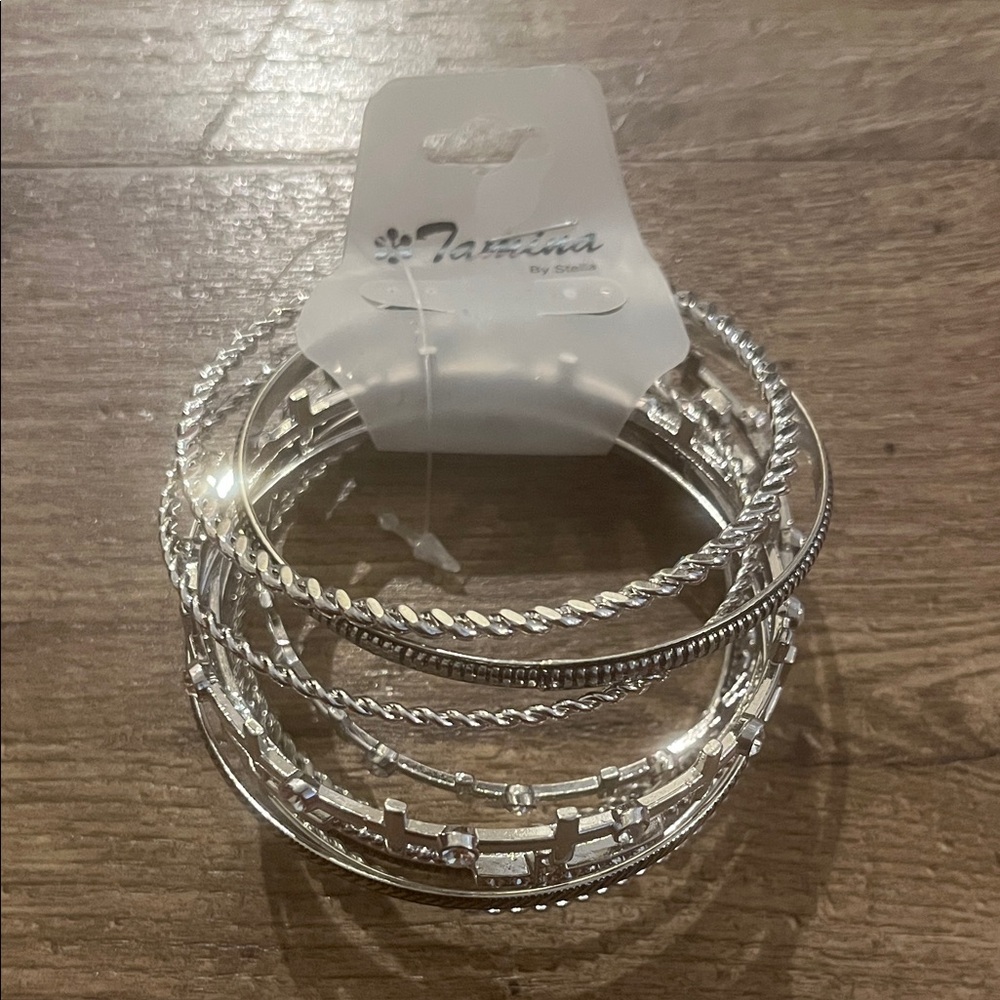 Silver Bangle Cross Bracelet Set